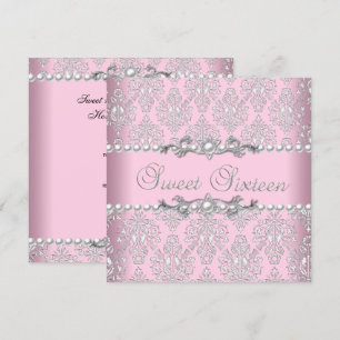 Sweet 16 Sixteen Pink Silver White Pearl Lace Invitation