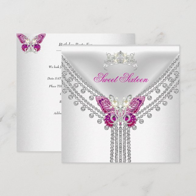 Sweet 16 Sixteen Pink  White Butterfly Invitation (Front/Back)