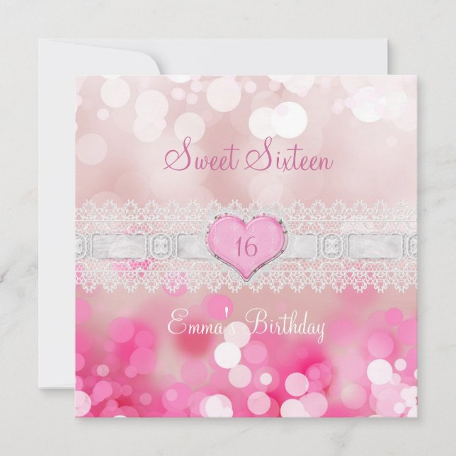 Sweet 16 Sixteen Pink White Lace Birthday Party Invitation (Front)