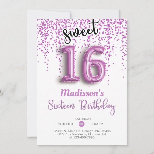 Sweet 16 sixteen purple balloons birthday invite. invitation (Front)