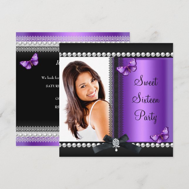 Sweet 16 Sixteen Purple Black Butterfly Invitation (Front/Back)
