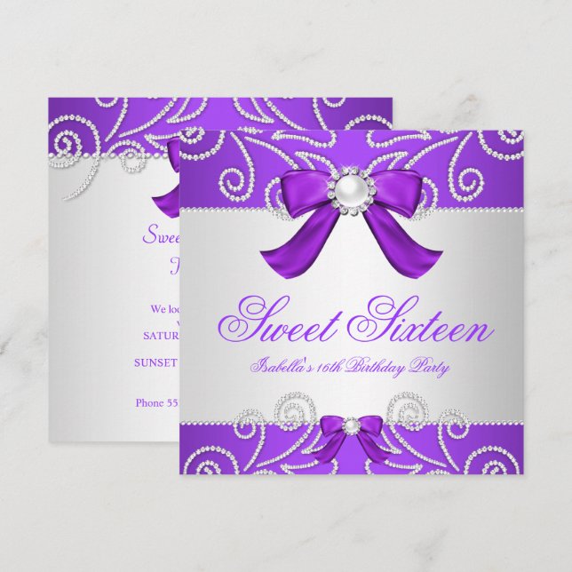 Sweet 16 Sixteen Purple Faux Pearl Diamond Party Invitation (Front/Back)