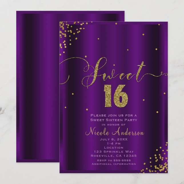 SWEET 16 Sixteen Purple & Gold Confetti Corners Invitation (Front/Back)