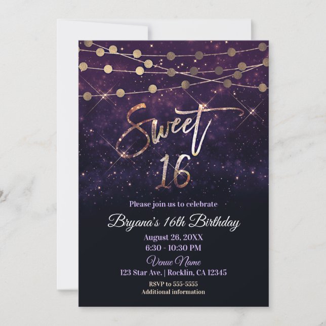 Sweet 16 Sixteen Purple & Gold Sparkle Lights Invitation (Front)