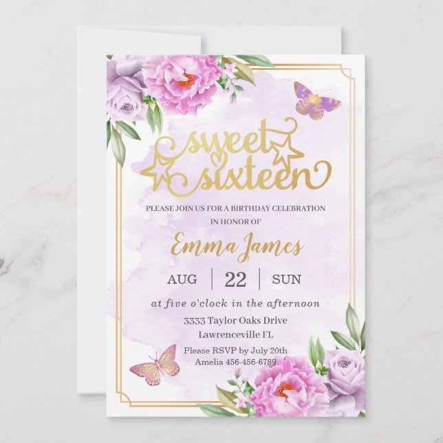Sweet 16 Sixteen Purple Lilac Floral Butterflies Invitation (Front)
