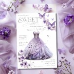 Sweet 16 Sixteen Purple Lilac Floral Butterflies Invitation<br><div class="desc">This exquisite design features a stunning watercolor illustration of a beautiful purple dress, elegantly surrounded by a fluttering of delicate purple butterflies, adorned with touches of silver. Radiating elegance and grace, this invitation sets the stage for an unforgettable celebration. Whether planning a sophisticated dinner, a garden soiree, or a glamourous...</div>