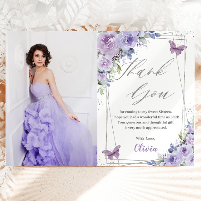 Sweet 16 Sixteen Purple Lilac Floral Butterflies Thank You Card (Creator Uploaded)