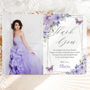Sweet 16 Sixteen Purple Lilac Floral Butterflies Thank You Card