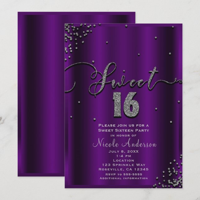 SWEET 16 Sixteen Purple & Silver Confetti Corners Invitation (Front/Back)