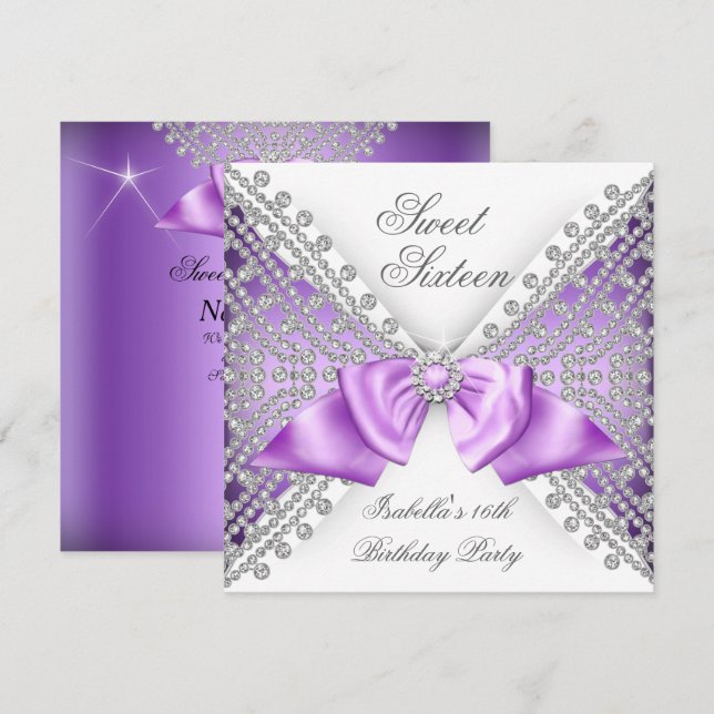 Sweet 16 Sixteen Purple White Diamond Party Invitation (Front/Back)
