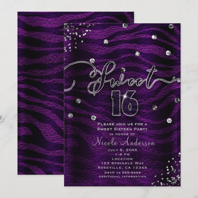 SWEET 16 Sixteen Purple Zebra & Silver Bling Invitation (Front/Back)