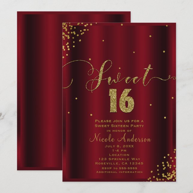 SWEET 16 Sixteen Red & Gold Confetti Corners Invitation (Front/Back)