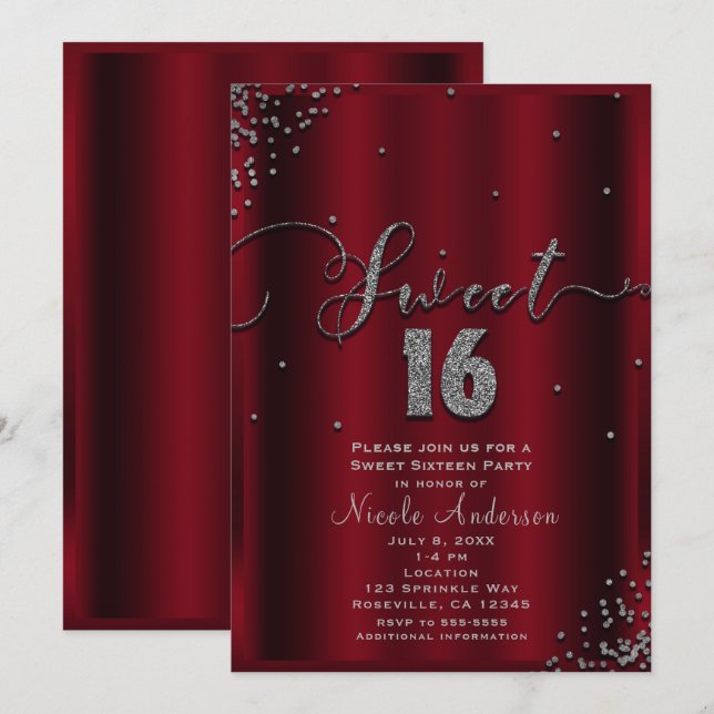 SWEET 16 Sixteen Red & Silver Confetti Corners Invitation (Front/Back)