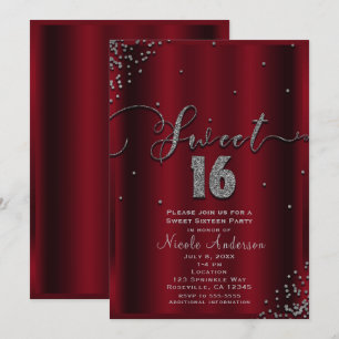 SWEET 16 Sixteen Red & Silver Confetti Corners Invitation