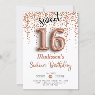 Sweet 16 sixteen rose gold balloon birthday invite