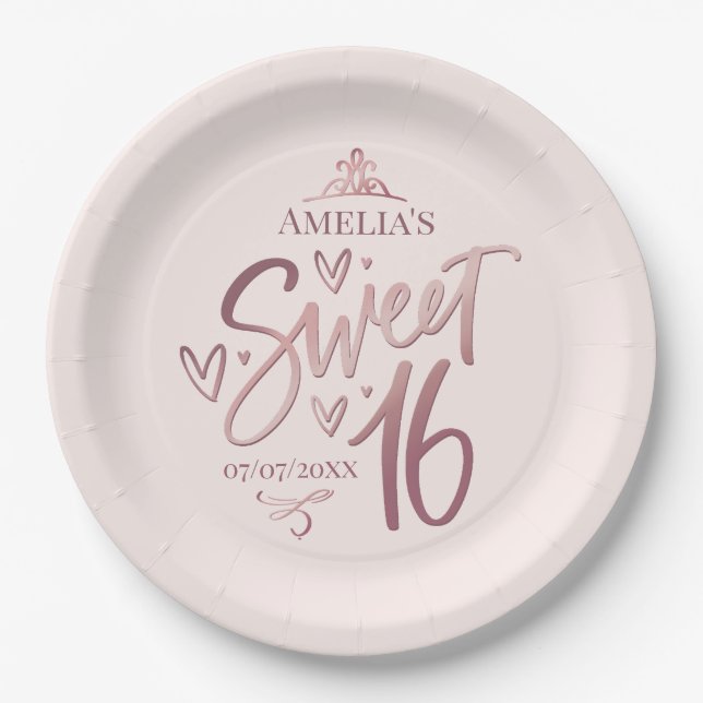 Sweet 16 Sixteen rose gold Paper Plate (Front)