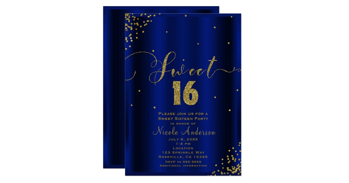 Sweet 16 Sixteen Royal Blue Gold Confetti Corners Invitation Uk