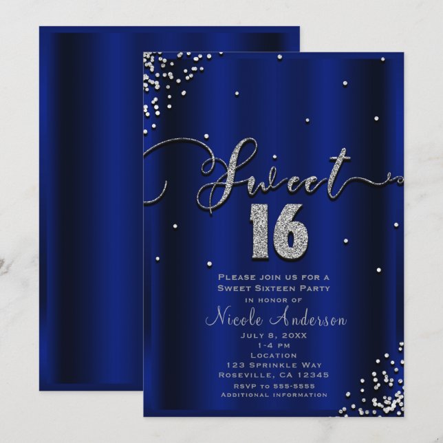SWEET 16 Sixteen Royal Blue Silver Confetti Corner Invitation (Front/Back)