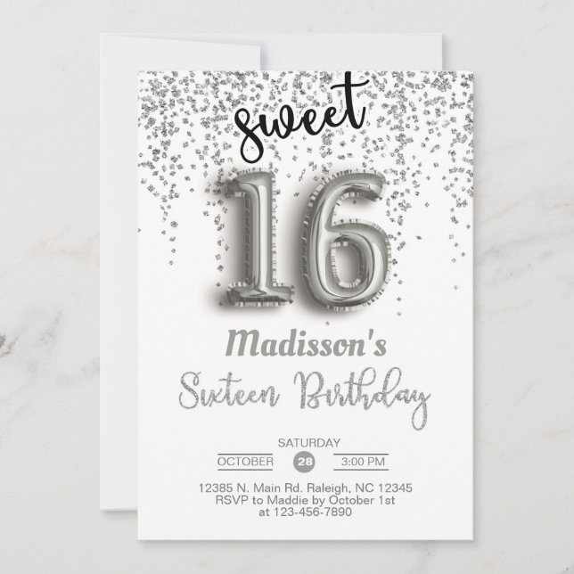 Sweet 16 sixteen silver balloon birthday invite. invitation (Front)