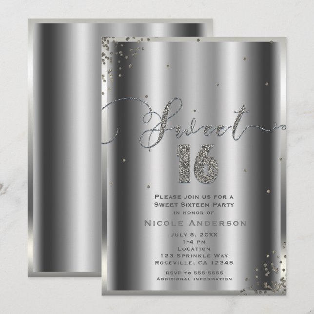 SWEET 16 Sixteen Silver Glam Confetti Corners Invitation (Front/Back)
