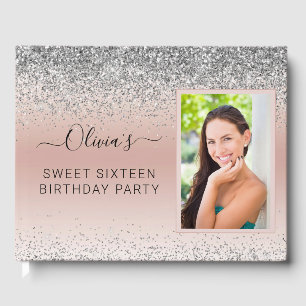 Sweet 16 Sixteen Silver Rose Gold Blush Pink Guest Guest Book