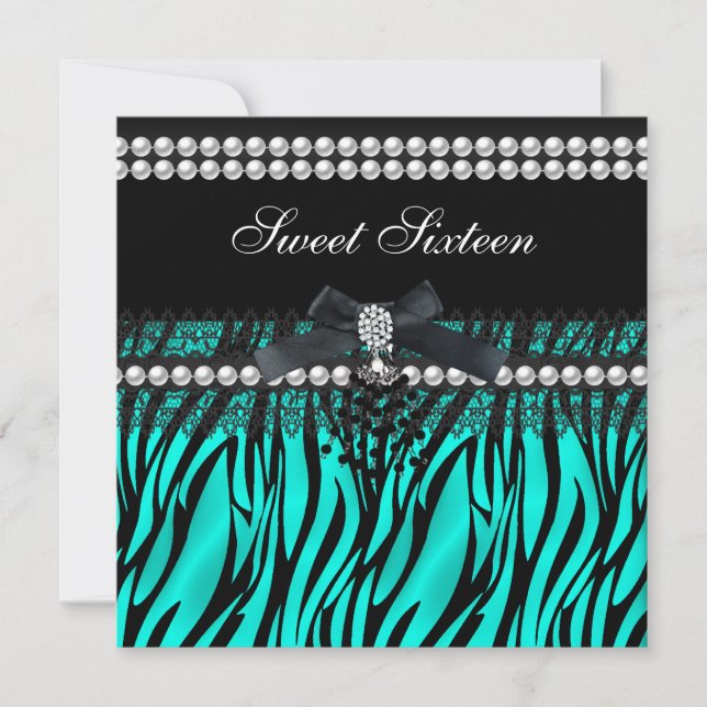 Sweet 16 Sixteen Teal Black Pearl Lace Zebra Invitation (Front)