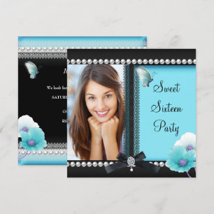 Sweet 16 Sixteen Teal Blue Black Butterfly Invitation