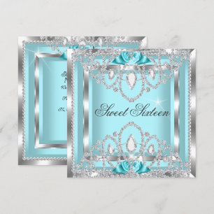 Sweet 16 Sixteen Teal Blue Silver Diamond Party 2I Invitation