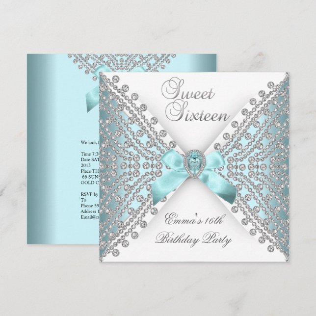 Sweet 16 Sixteen Teal Blue Silver White Diamond Invitation (Front/Back)