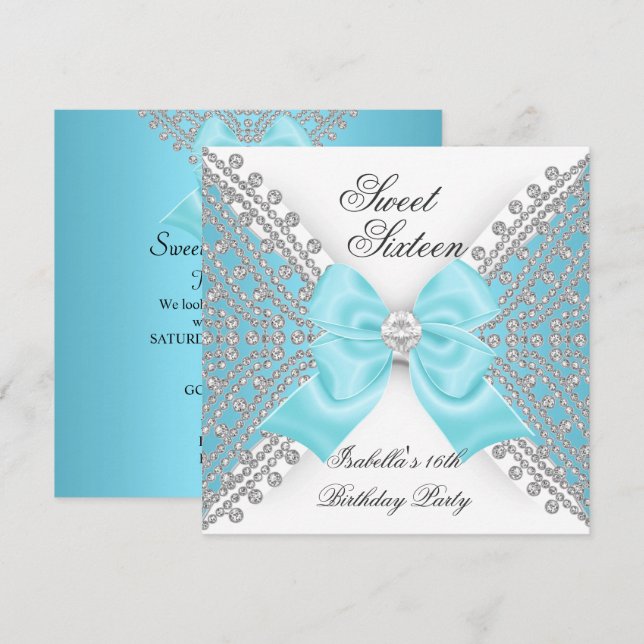 Sweet 16 Sixteen Teal Blue White Diamond Party Invitation (Front/Back)