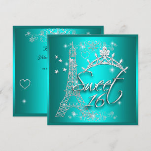 Sweet 16 Sixteen Teal Tiara Eiffel Tower Invitation