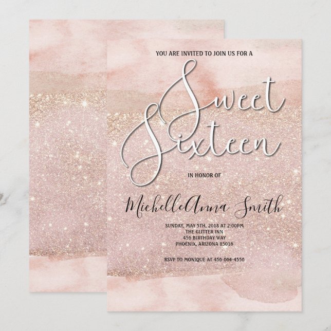 Sweet 16 Sixteen Watercolor Blush Invitation (Front/Back)