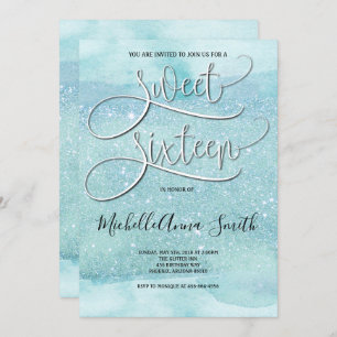 Sweet 16 Sixteen Watercolor Turquoise Invitation