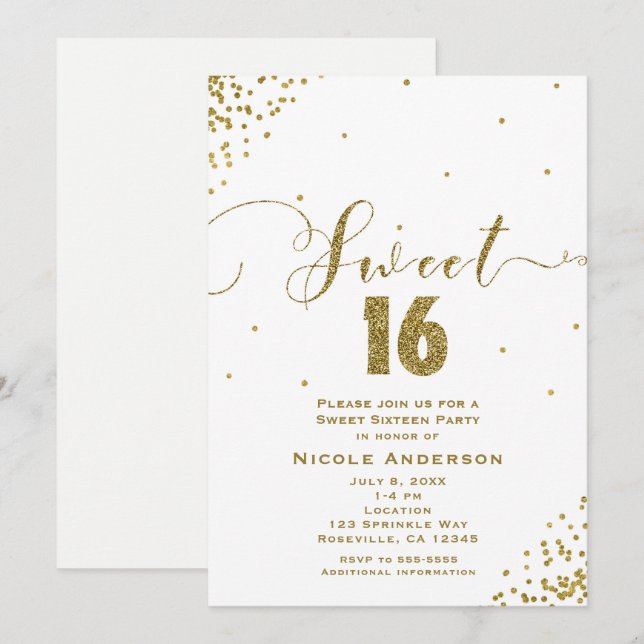 SWEET 16 Sixteen White & Gold Confetti Corners Invitation (Front/Back)