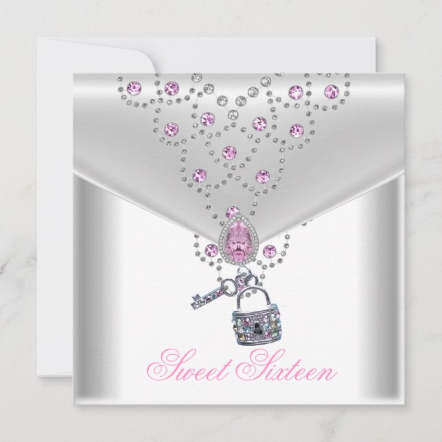 Sweet 16 Sixteen White Silver Overlay Pink Jewel Invitation (Front)