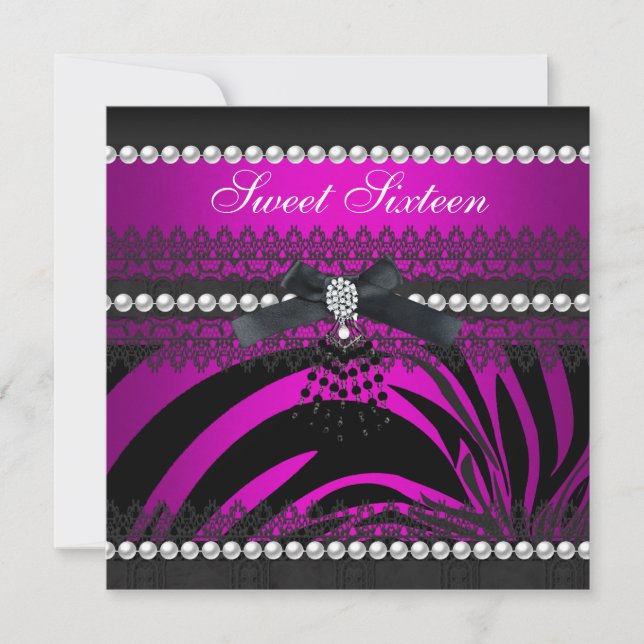 Sweet 16 Sixteen Zebra Hot Pink Black Pearl Lace Invitation (Front)
