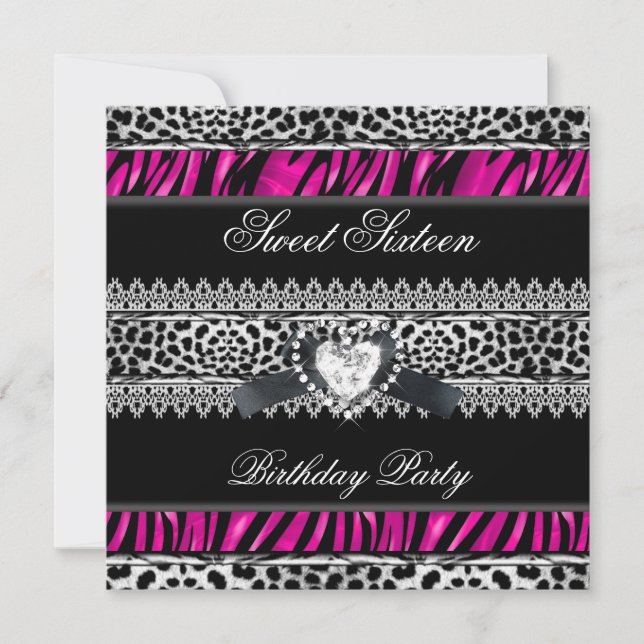 Sweet 16 Sixteen Zebra Leopard Pink Black Diamond Invitation (Front)