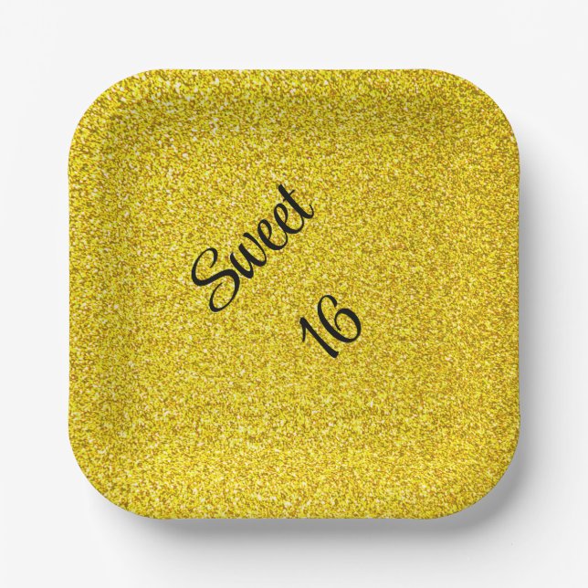 Sweet 16 Sixteenth Birthday Party Gold Glitter Paper Plate (Front)