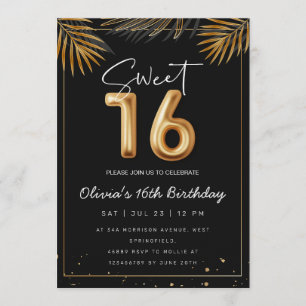 Sweet 16 Sixteenth With Golden Tropical Leaves Invitation