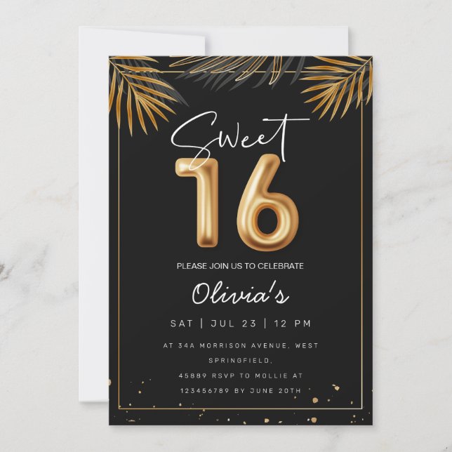 Sweet 16 Sixteenth With Golden Tropical Leaves Invitation (Front)