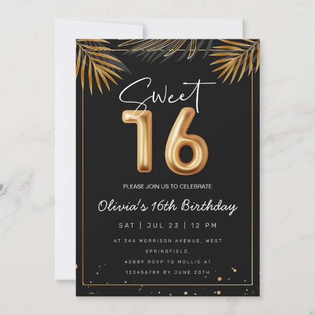 Sweet 16 Sixteenth With Golden Tropical Leaves Invitation (Front)