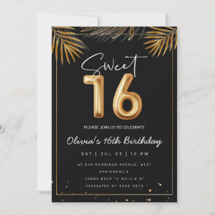 Sweet 16 Sixteenth With Golden Tropical Leaves Invitation