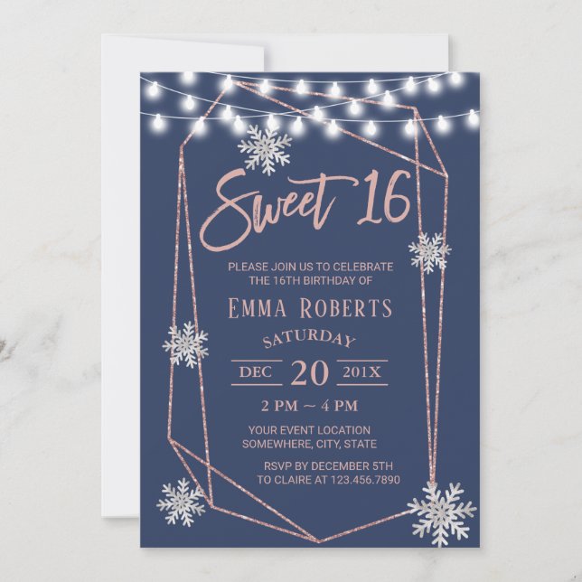 Sweet 16 Snowflakes Geometric Rose Gold Navy Blue Invitation (Front)