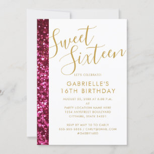 Sweet 16 Sparkly Hot Pink Glitter & Gold Glam Chic Announcement