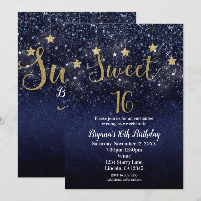 Sweet 16 Starry Night Gold Blue Sparkle Sky Party Invitation (Front/Back)