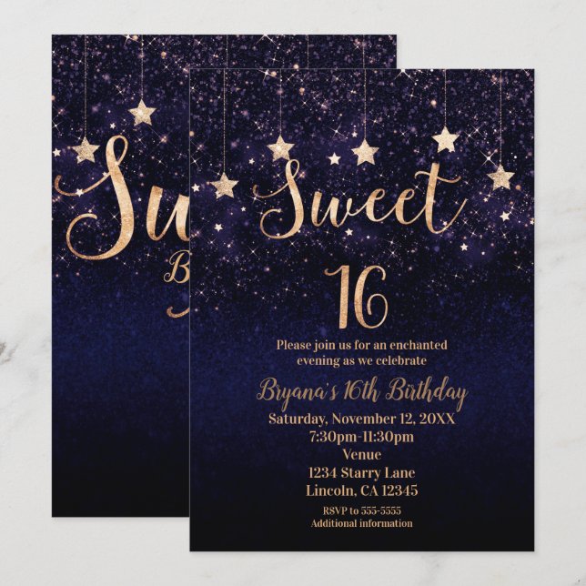 Sweet 16 Starry Night Gold Purple Sparkle Party Invitation (Front/Back)