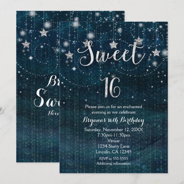 Sweet 16 Starry Night Silver & Blue Invitation (Front/Back)