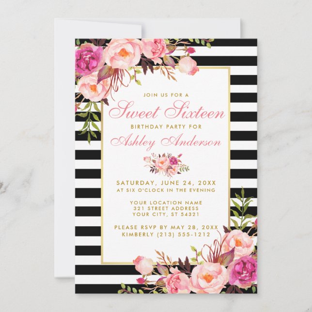 Sweet 16 Striped Floral Pink Gold Invitation (Front)