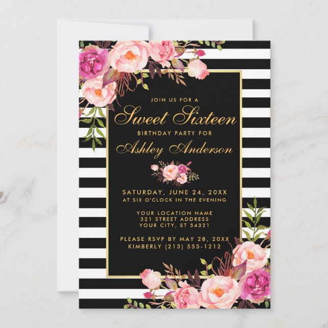 Sweet 16 Striped Pink Floral Gold Invitation (Front)