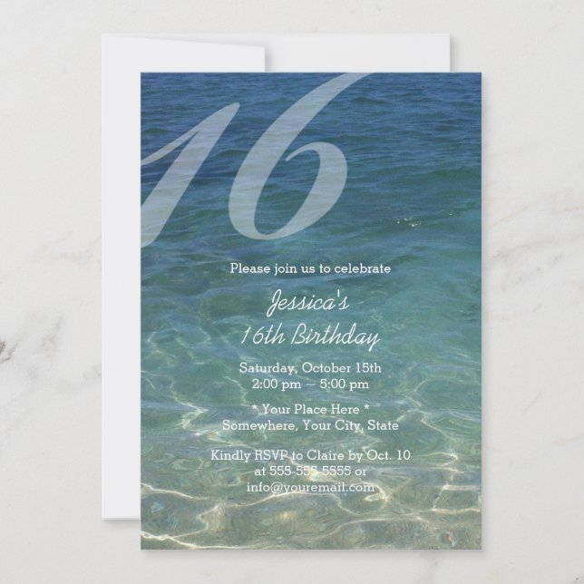 Sweet 16 Summer Blue Sea Water Beach Invitation (Front)